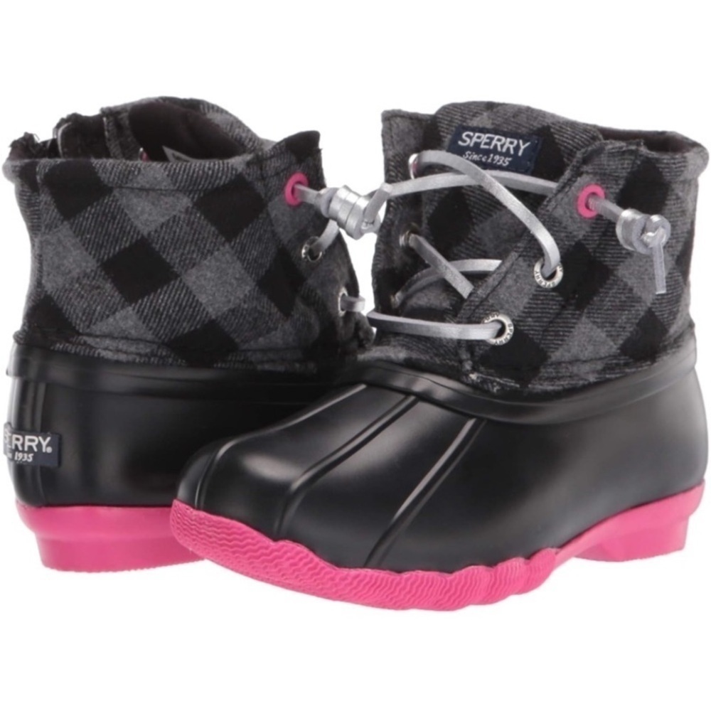 Sperry Kids Plaid Black and Pink Boots Girls size 5